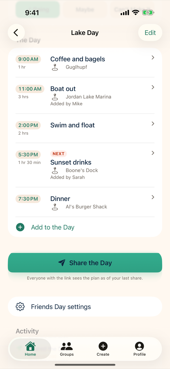 The finished day: the schedule, who’s going, and Share the Day one tap away.