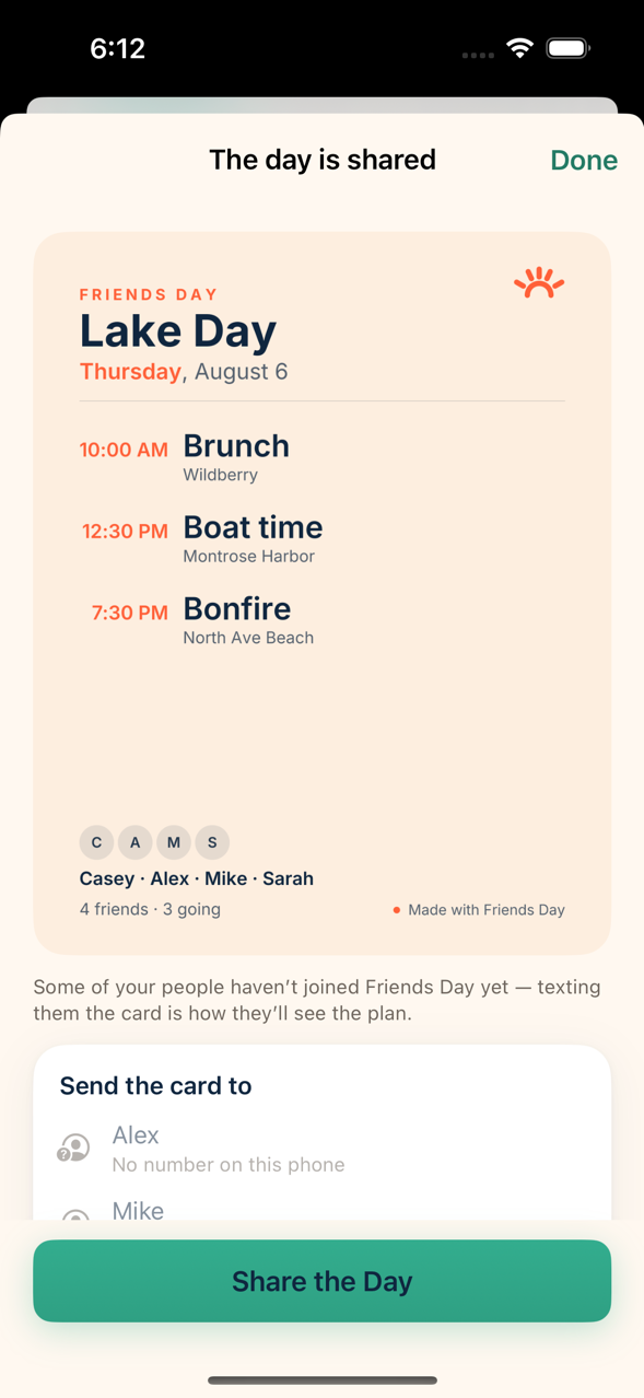 The day is shared: the card Friends Day made — the plan with its times, the people going — ready to send.
